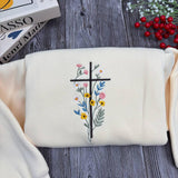 Wildflower Cross Embroidered Sweatshirt, Floral Christian Faith Flower Crewneck