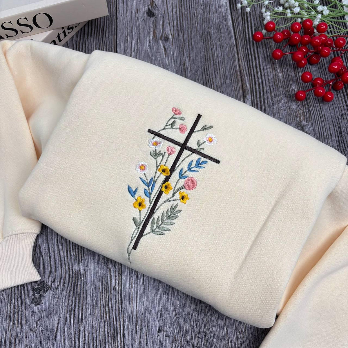 Wildflower Cross Embroidered Sweatshirt, Floral Christian Faith Flower Crewneck
