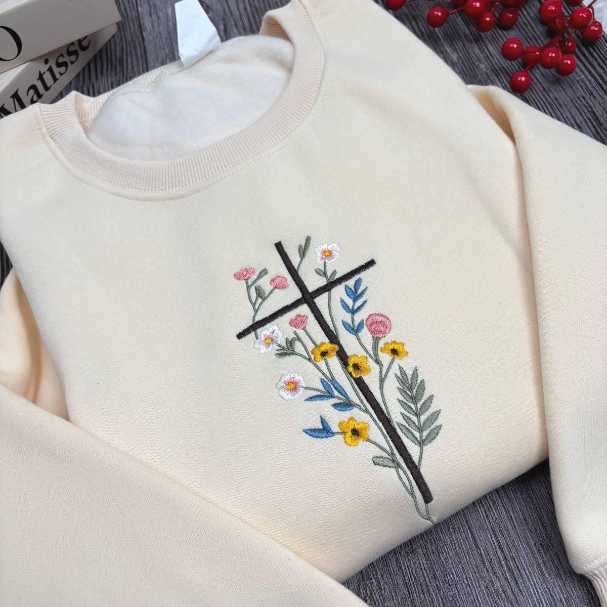 Wildflower Cross Embroidered Sweatshirt, Floral Christian Faith Flower Crewneck