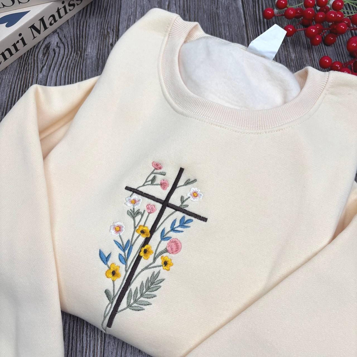 Wildflower Cross Embroidered Sweatshirt, Floral Christian Faith Flower Crewneck