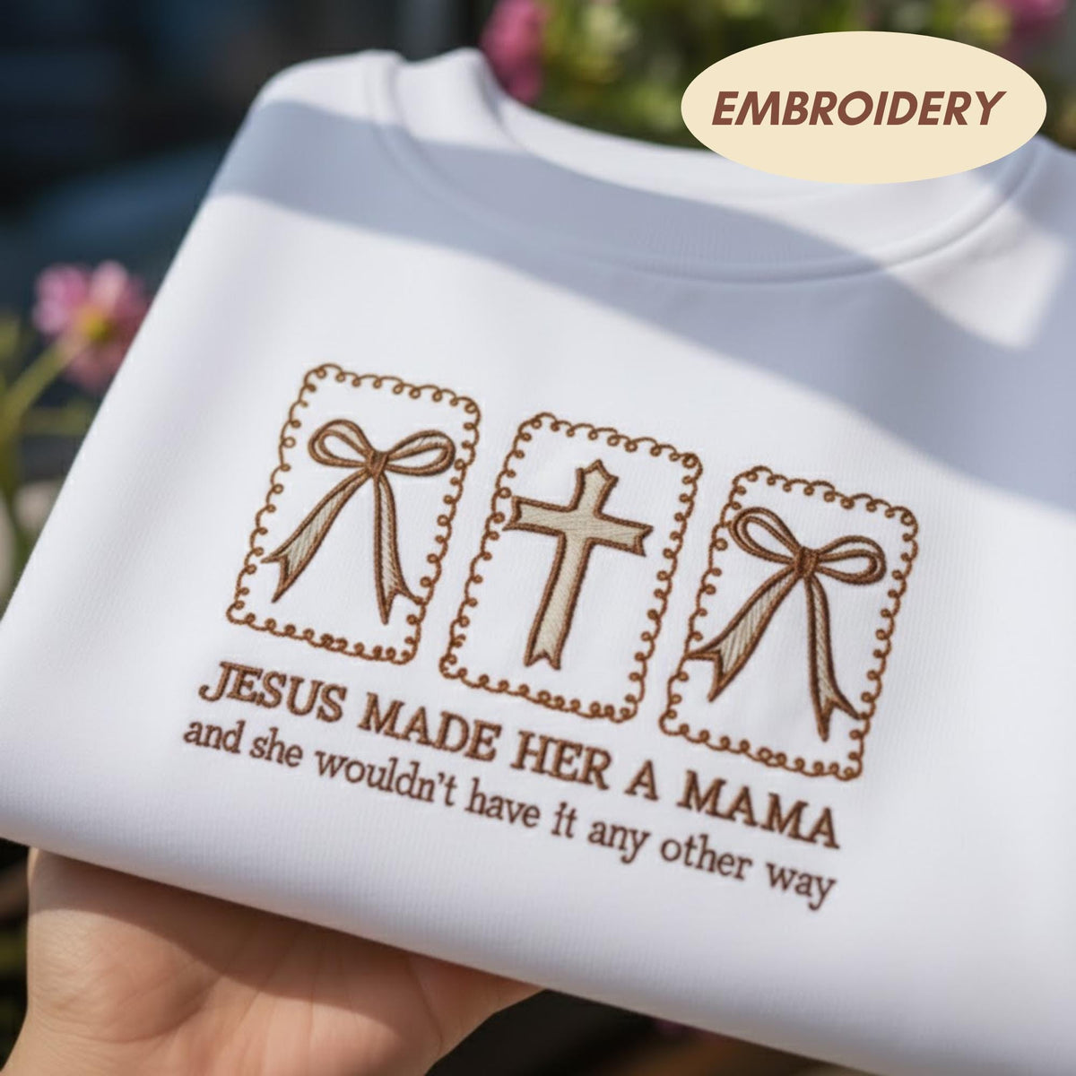 Jesus Made Her A Mama Sweatshirt, Christian Mother's Day Coquette Bow Cross Crewneck
