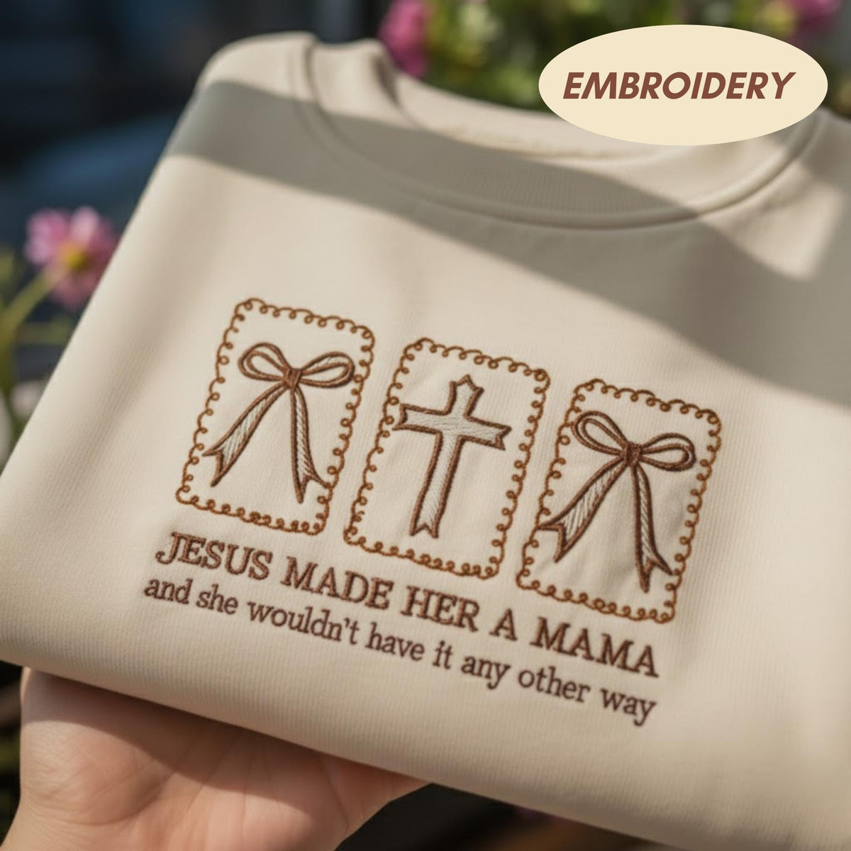 Jesus Made Her A Mama Sweatshirt, Christian Mother's Day Coquette Bow Cross Crewneck