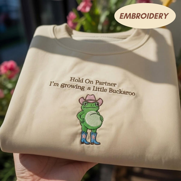 Growing A Little Buckaroo Embroidered Sweatshirt, Western Frog Pregnancy Reveal Crewneck