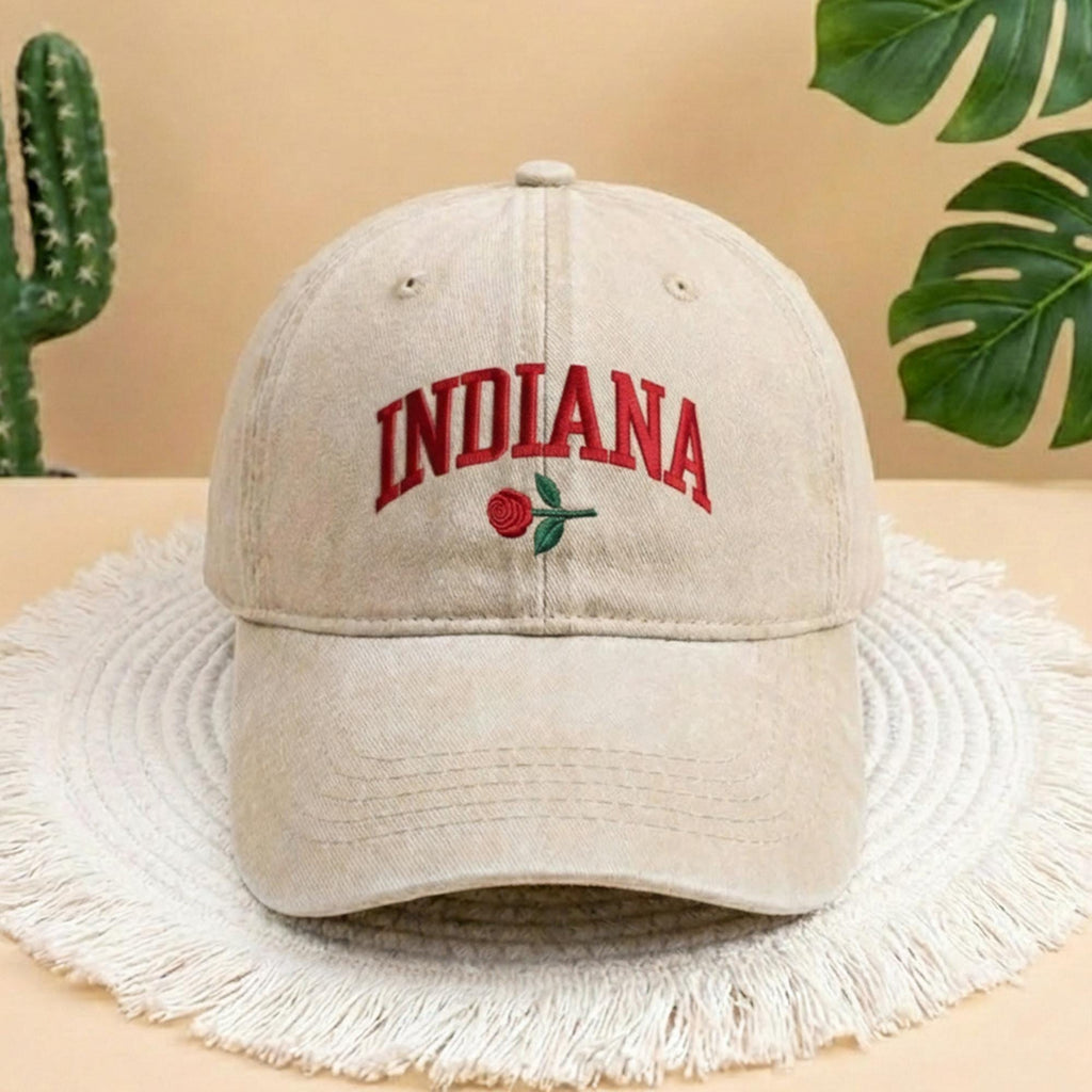 Indiana State Flower Embroidered Baseball Cap, Vintage Beige Denim Peony Hat, Aesthetic Hoosier Pride Gift, Indiana Lover