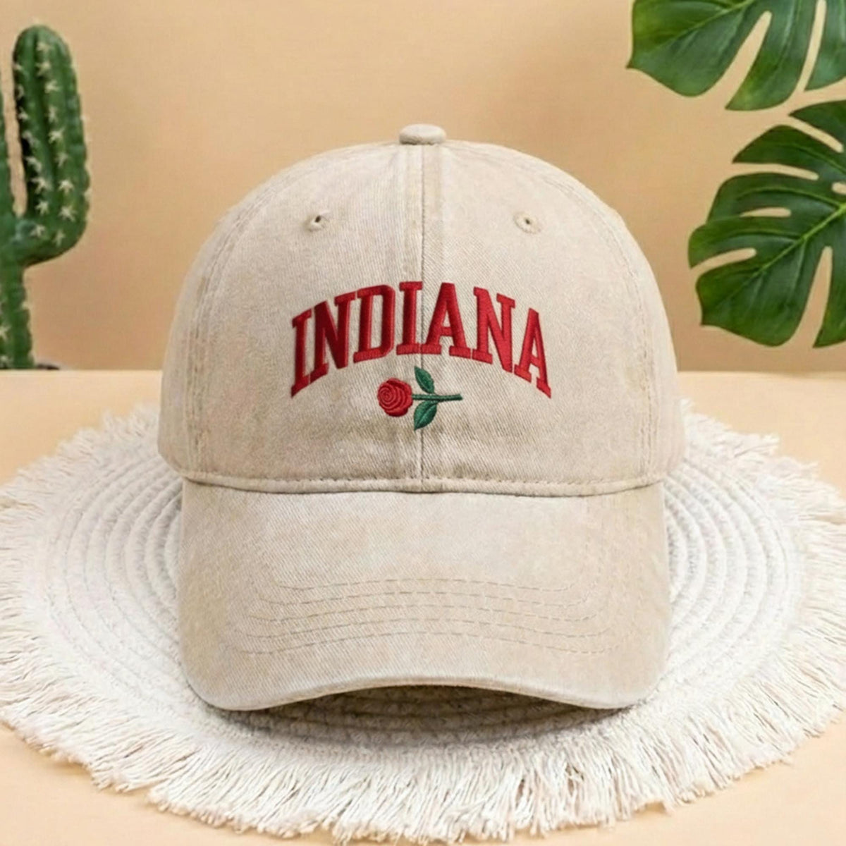 Indiana State Flower Embroidered Baseball Cap, Vintage Beige Denim Peony Hat, Aesthetic Hoosier Pride Gift, Indiana Lover