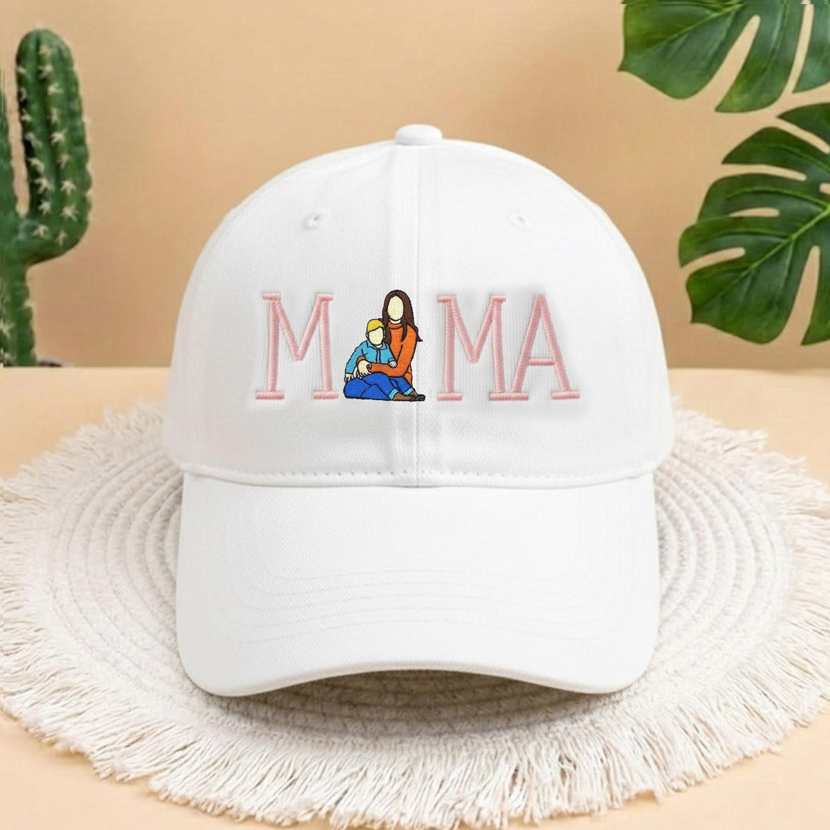 Custom Mama Portrait Embroidered Hat, Personalized Mother and Child White Cap, Aesthetic Mom Gift, New Mom Gift