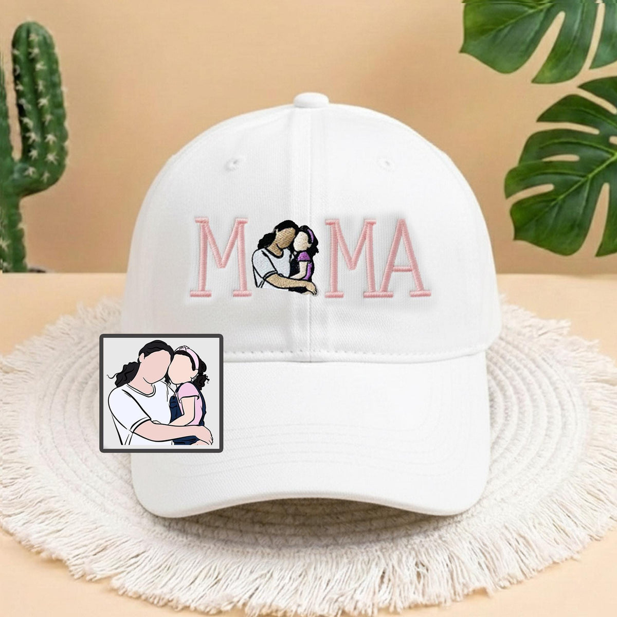 Custom Mama Portrait Embroidered Hat, Personalized Mother and Child White Cap, Aesthetic Mom Gift, New Mom Gift