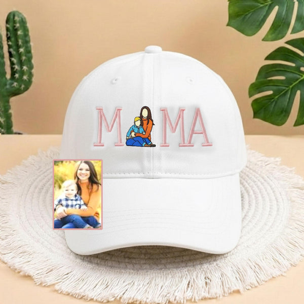 Custom Mama Portrait Embroidered Hat, Personalized Mother and Child White Cap, Aesthetic Mom Gift, New Mom Gift