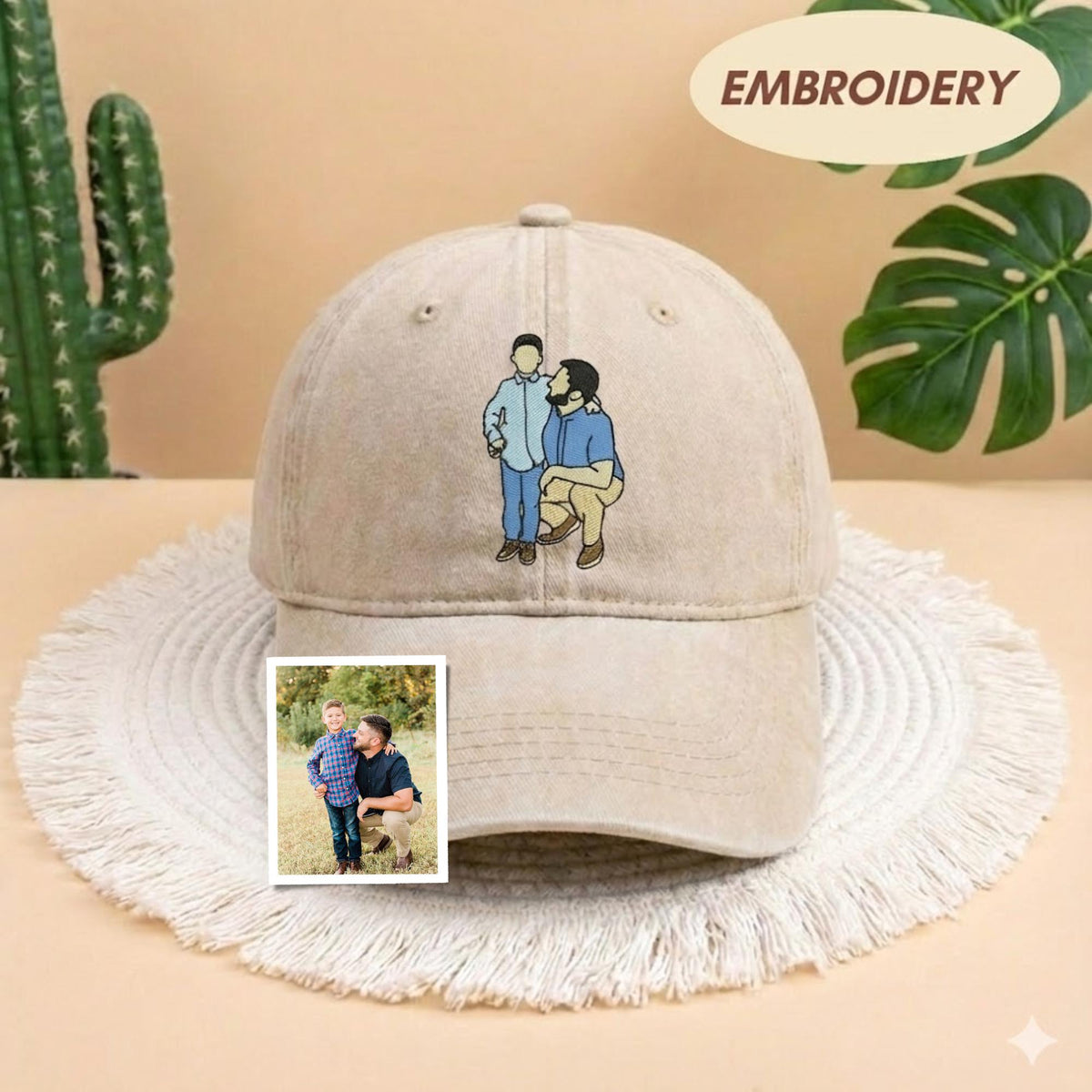 Custom Photo Embroidered Dad Hat, Embroidered Portrait Dad And Child Cap, Personalized Gift for Father's Day, Unique Photo Birthday Hat