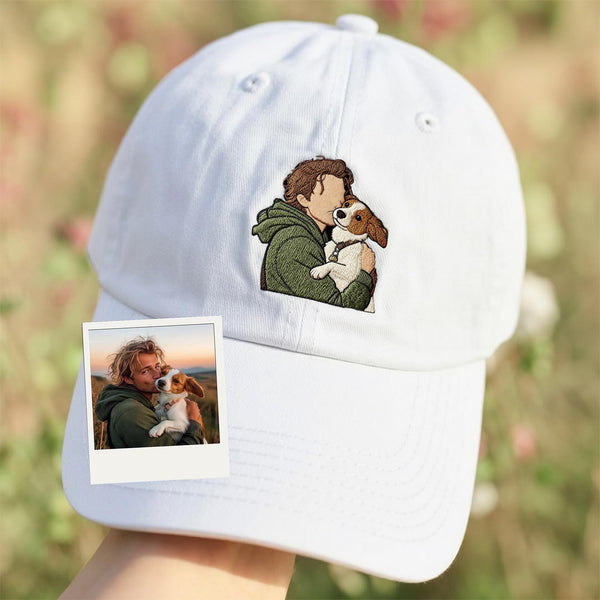Custom Pet Portrait Embroidered Hat, Personalized Dog Dad Baseball Cap, Custom Pet Owner Gift from Photo, Aesthetic White Minimalist Dad Hat