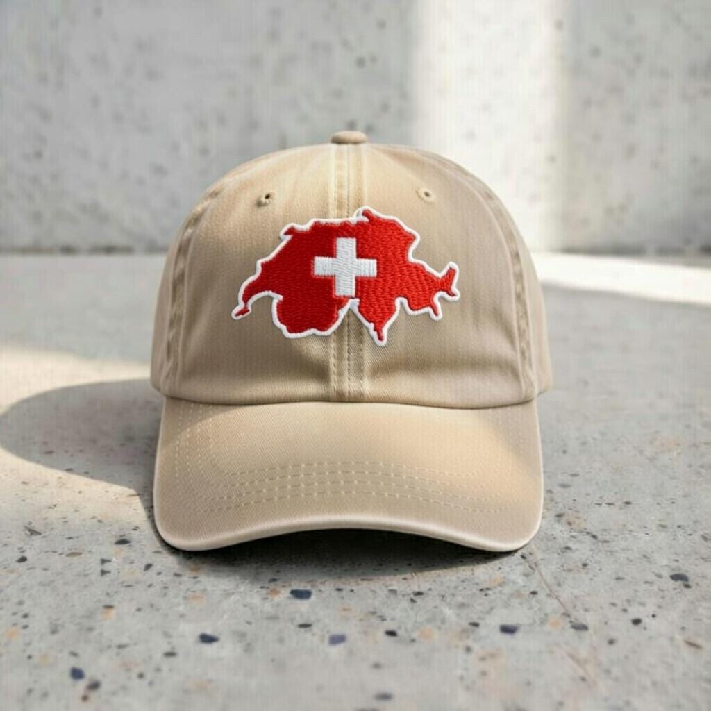 Embroidered Switzerland Flag Dad Hat, Swiss Map Patch, Beige Baseball Cap