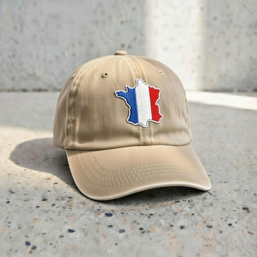 Embroidered France Flag Dad Hat, Beige French Map Patch Cap