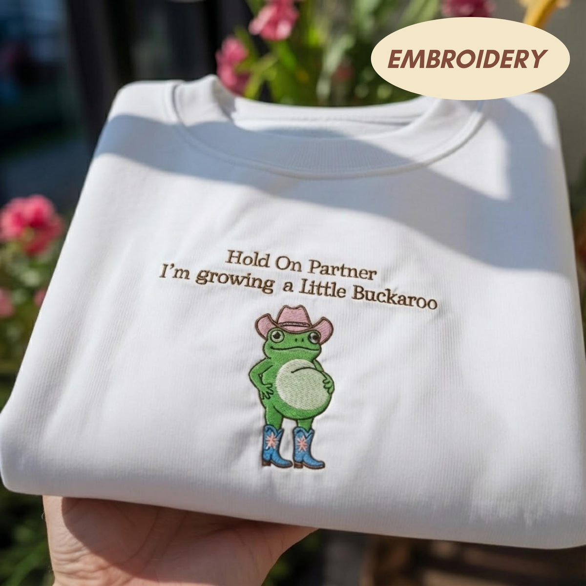 Growing A Little Buckaroo Embroidered Sweatshirt, Western Frog Pregnancy Reveal Crewneck