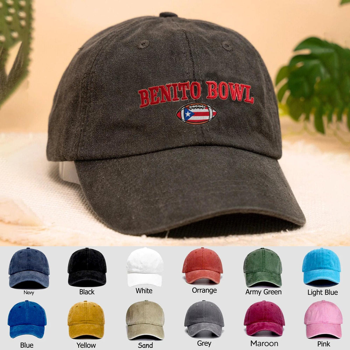Benito Bowl Embroidered Baseball Cap, Vintage Beige Denim Sports Hat, Aesthetic Football Fan Gift