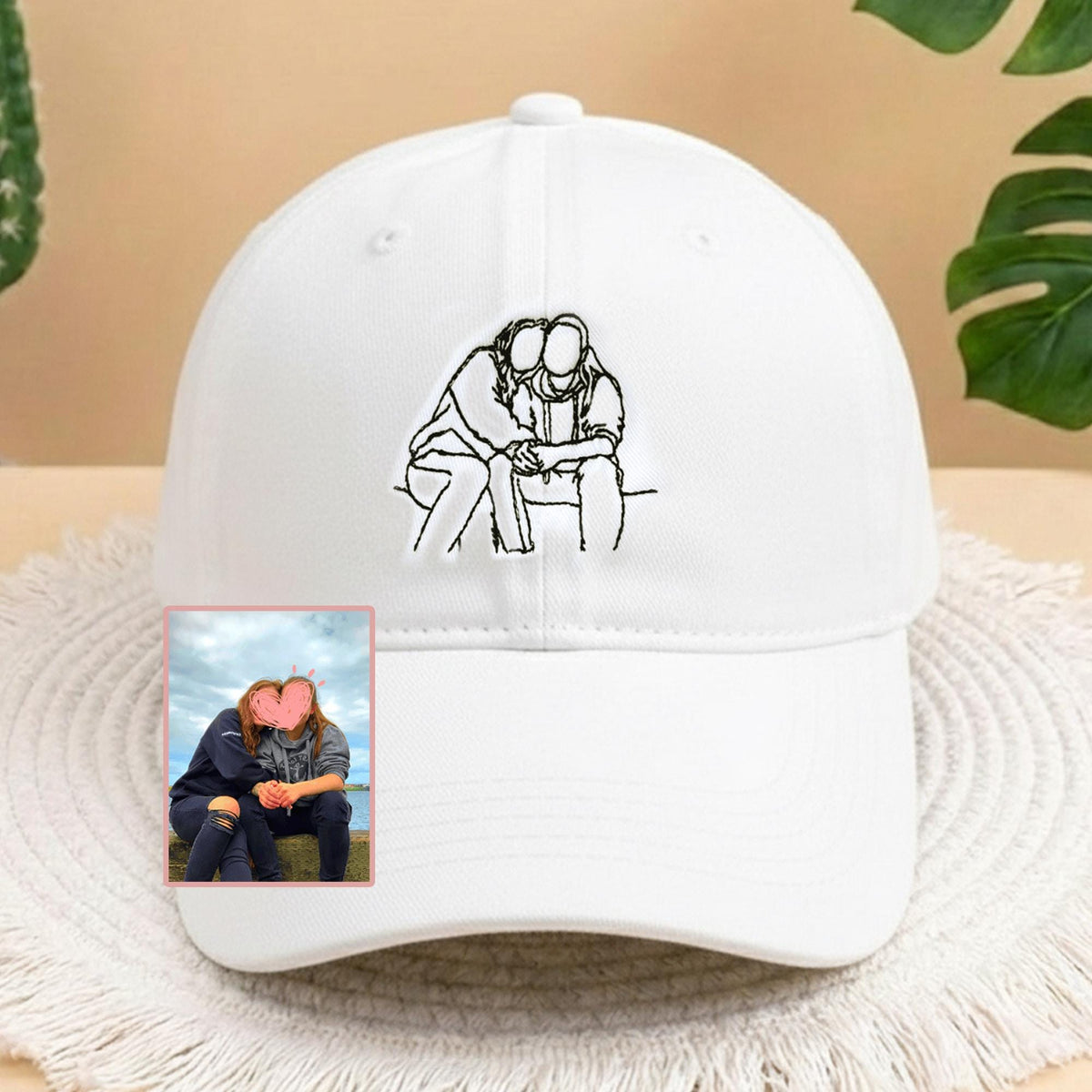 Personalized Couple Photo Embroidered Hat, Custom Wedding Line Art Cap, Anniversary Date Dad Hat, Custom Couple Photo Embroidered Hat