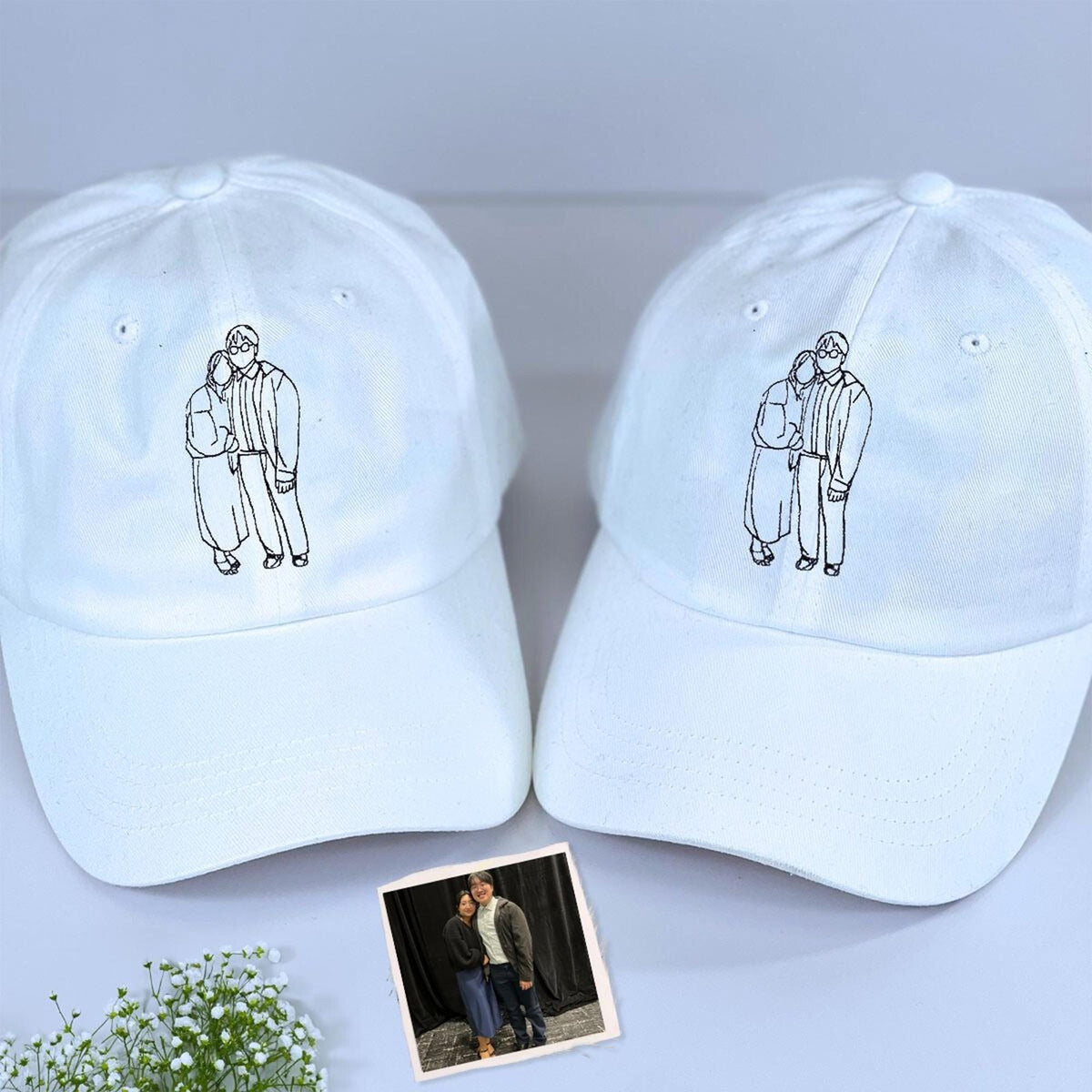 Personalized Couple Photo Embroidered Hat, Custom Wedding Line Art Cap, Anniversary Date Dad Hat, Custom Couple Photo Embroidered Hat