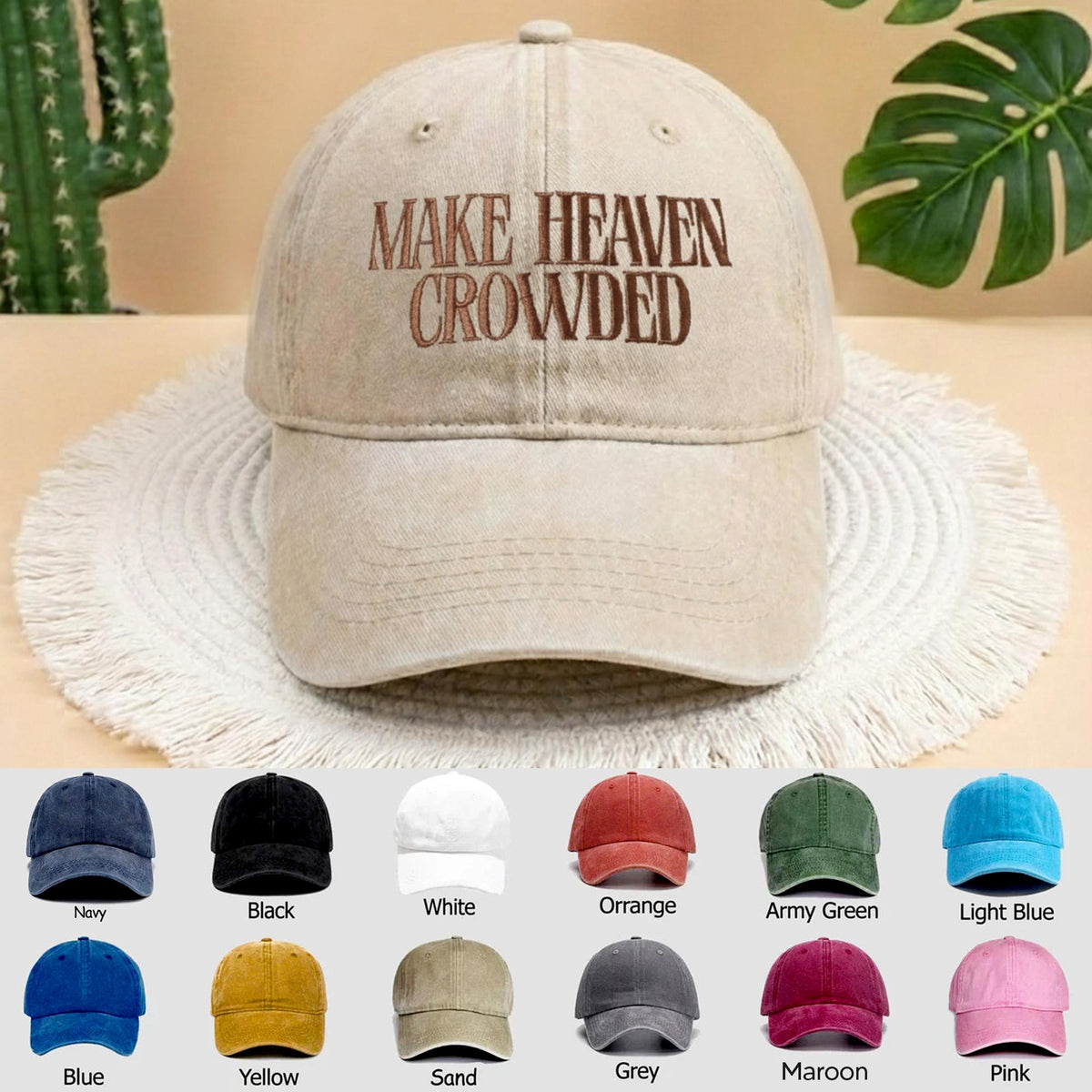 Make Heaven Crowded Embroidered Baseball Cap, Vintage Beige Denim Christian Hat, Aesthetic Faith Based Gift, Trendy Religious Adjustable Hat