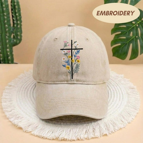 Floral Cross Embroidered Hat, Christian Flower Baseball Cap, Aesthetic Religious Hat, Vintage Faith Based Apparel, Flower Cross Gift