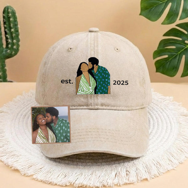 Embroidered Custom Photo Couple Hat, Embroidery Text, Photo Embroidery, Memory Gift, Gift for Dad Mom Him Her Boyfriend, Valentine Gift