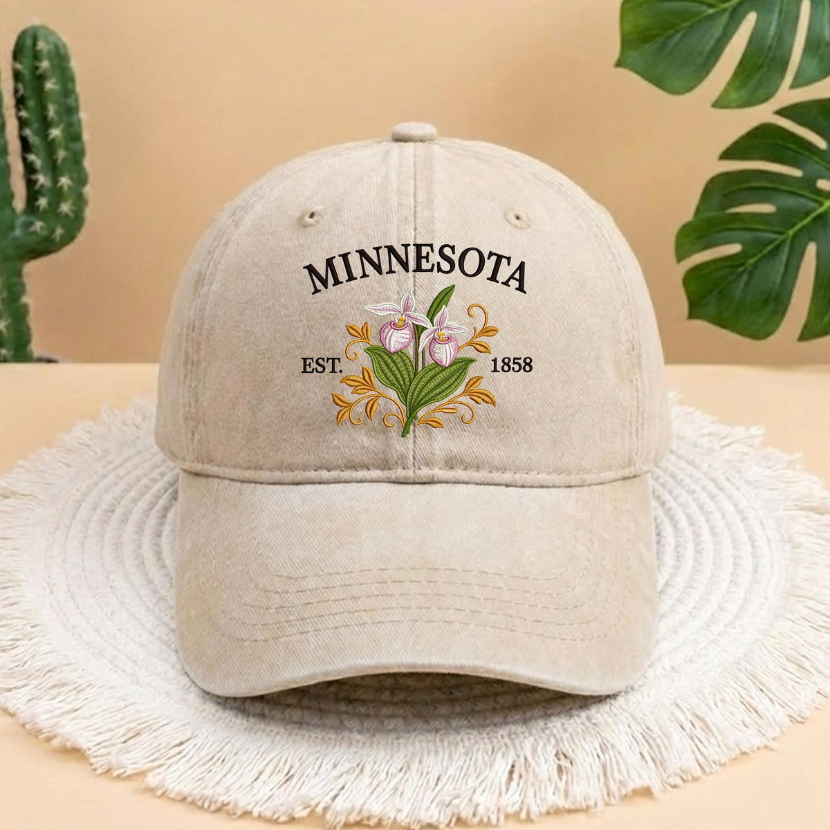 Minnesota State Flower Showy Lady's Slipper Embroidered Hat, Aesthetic Beige Minnesota Pride Baseball Cap, Minnesota Gift for Her