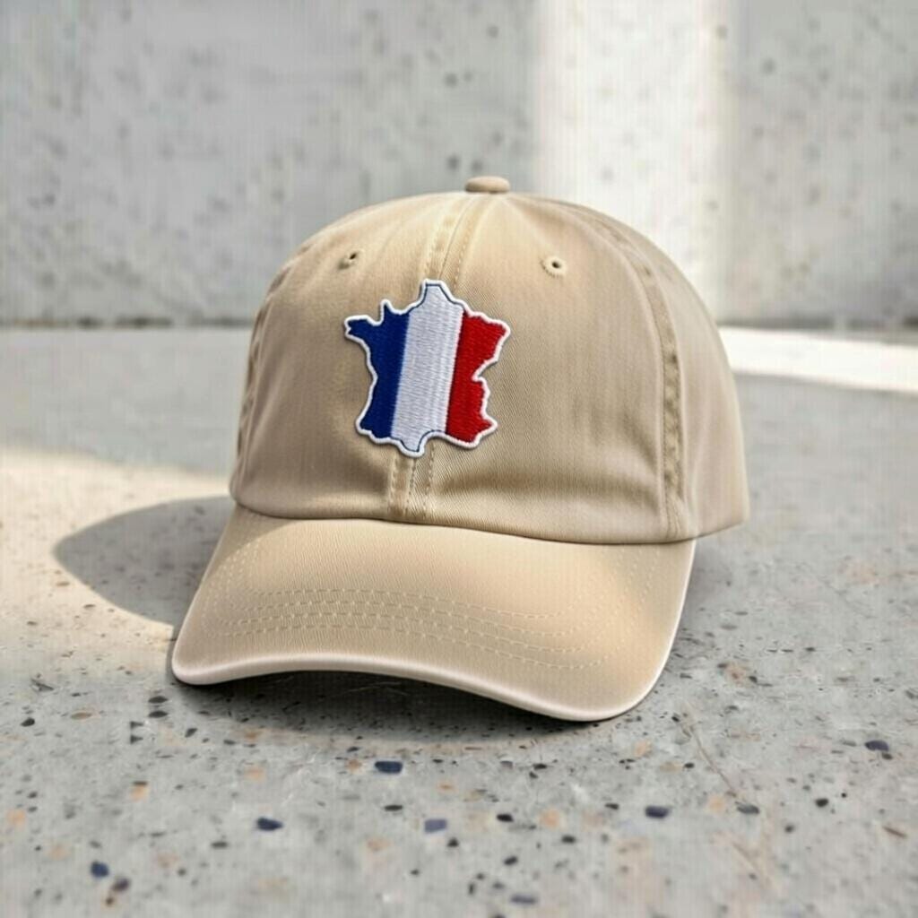 Embroidered France Flag Dad Hat, Beige French Map Patch Cap