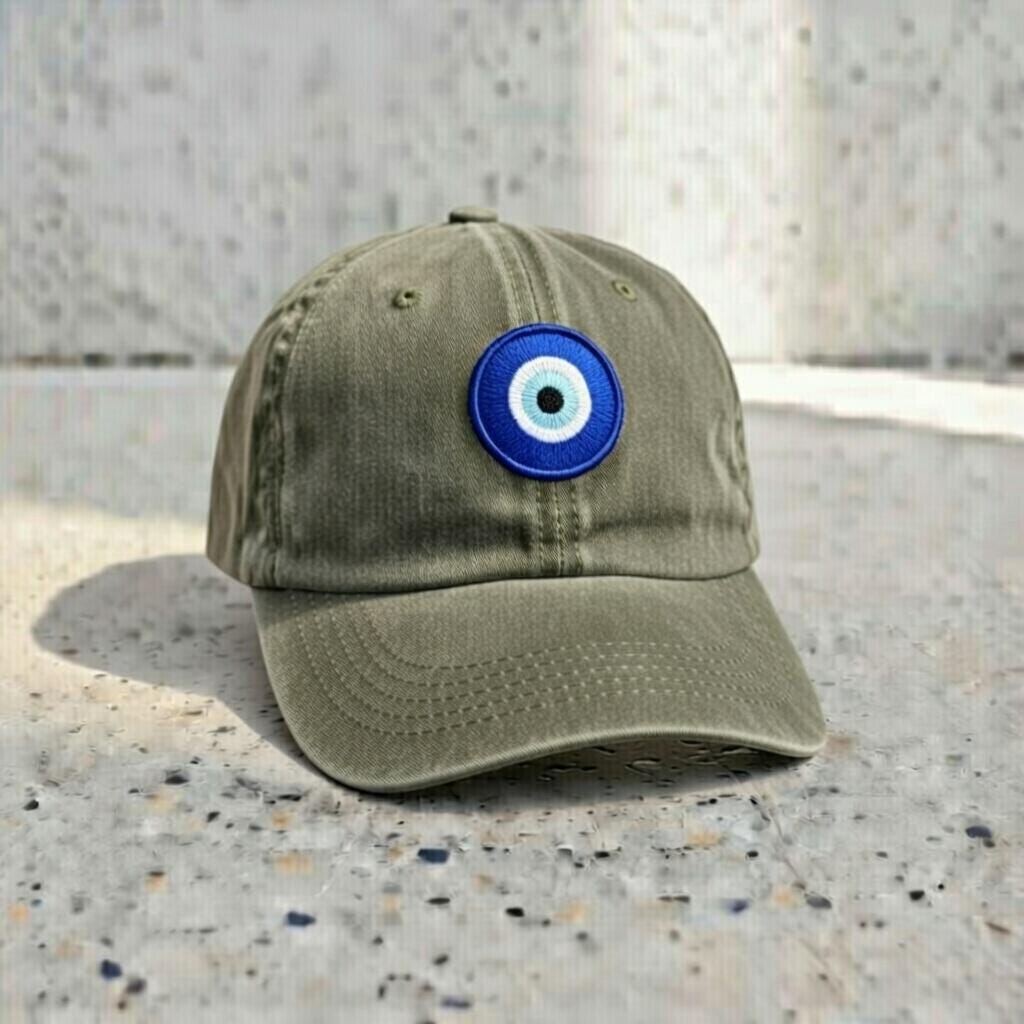 Eye Embroidered Dad Hat, Minimal White Cotton Baseball Cap, Nazar Protection