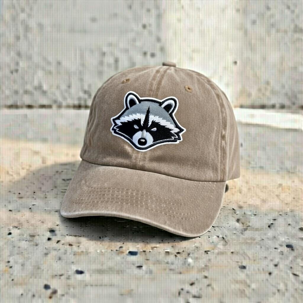 Embroidered Raccoon Dad Hat, Beige Cotton Baseball Cap