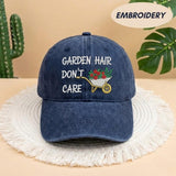 Garden Hair Don't Care Embroidered Hat, Funny Gardening Gift Cap, Floral Wheelbarrow Headwear, Vintage Black Gardener Accessory, Hobby Hat
