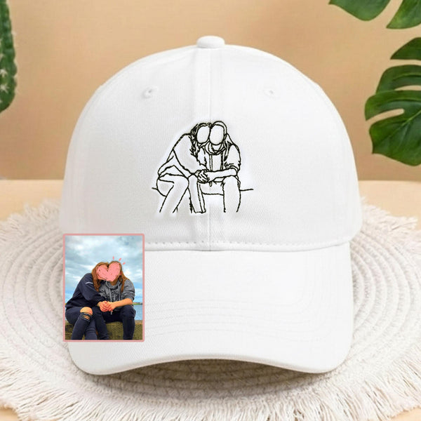 Custom Couple Photo Embroidered Hat, Personalized Couple Portrait Baseball Cap, Custom Line Art Wedding Anniversary Gift, Dad Hat for Couple