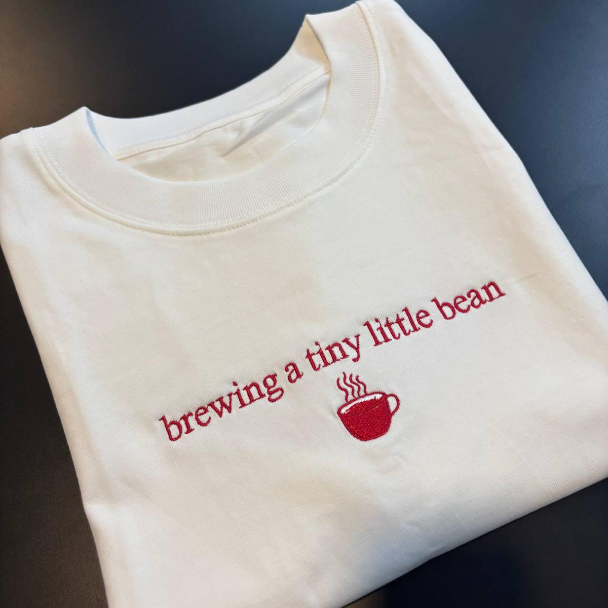 Embroidered Pregnancy Announcement Sweatshirt, Brewing A Tiny Bean Coffee Crewneck