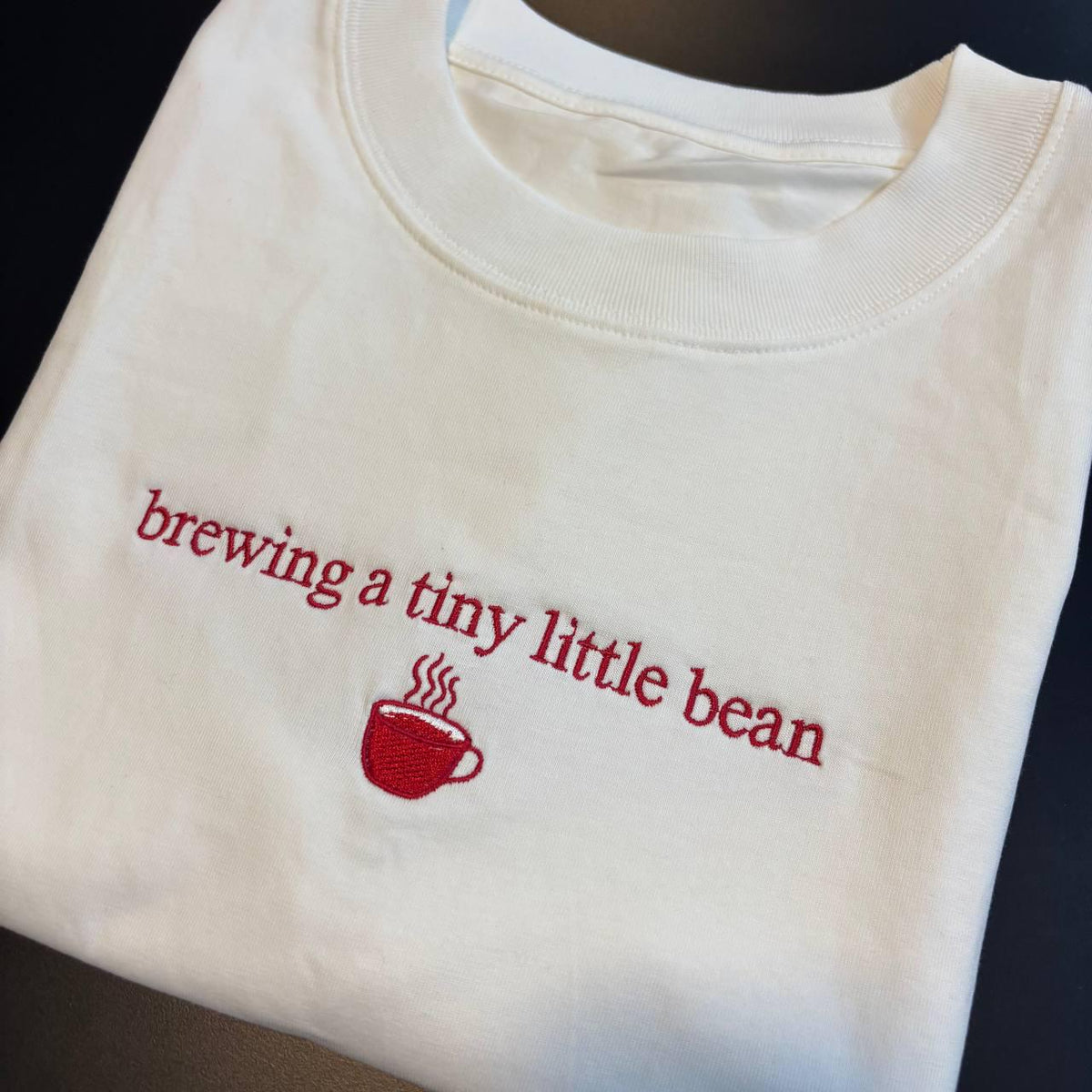 Embroidered Pregnancy Announcement Sweatshirt, Brewing A Tiny Bean Coffee Crewneck