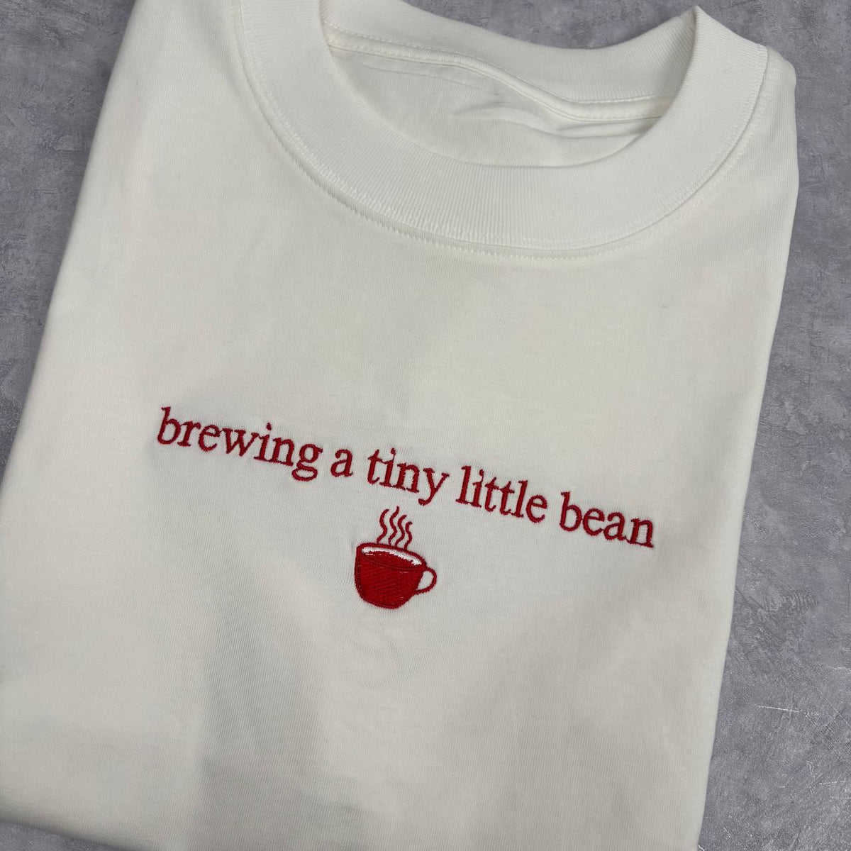 Embroidered Pregnancy Announcement Sweatshirt, Brewing A Tiny Bean Coffee Crewneck
