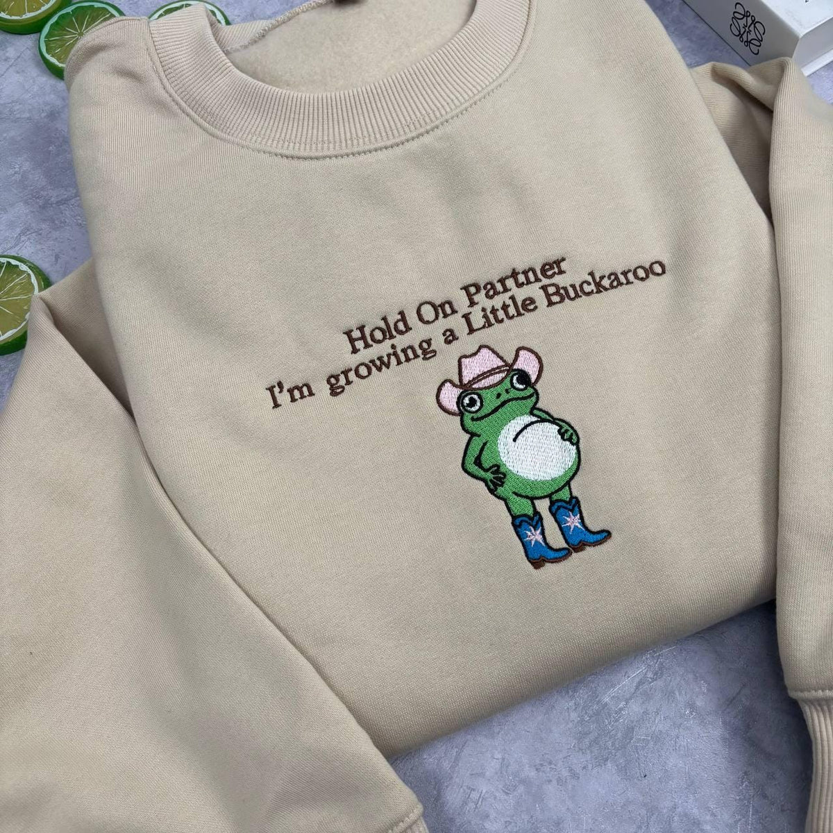 Growing A Little Buckaroo Embroidered Sweatshirt, Western Frog Pregnancy Reveal Crewneck