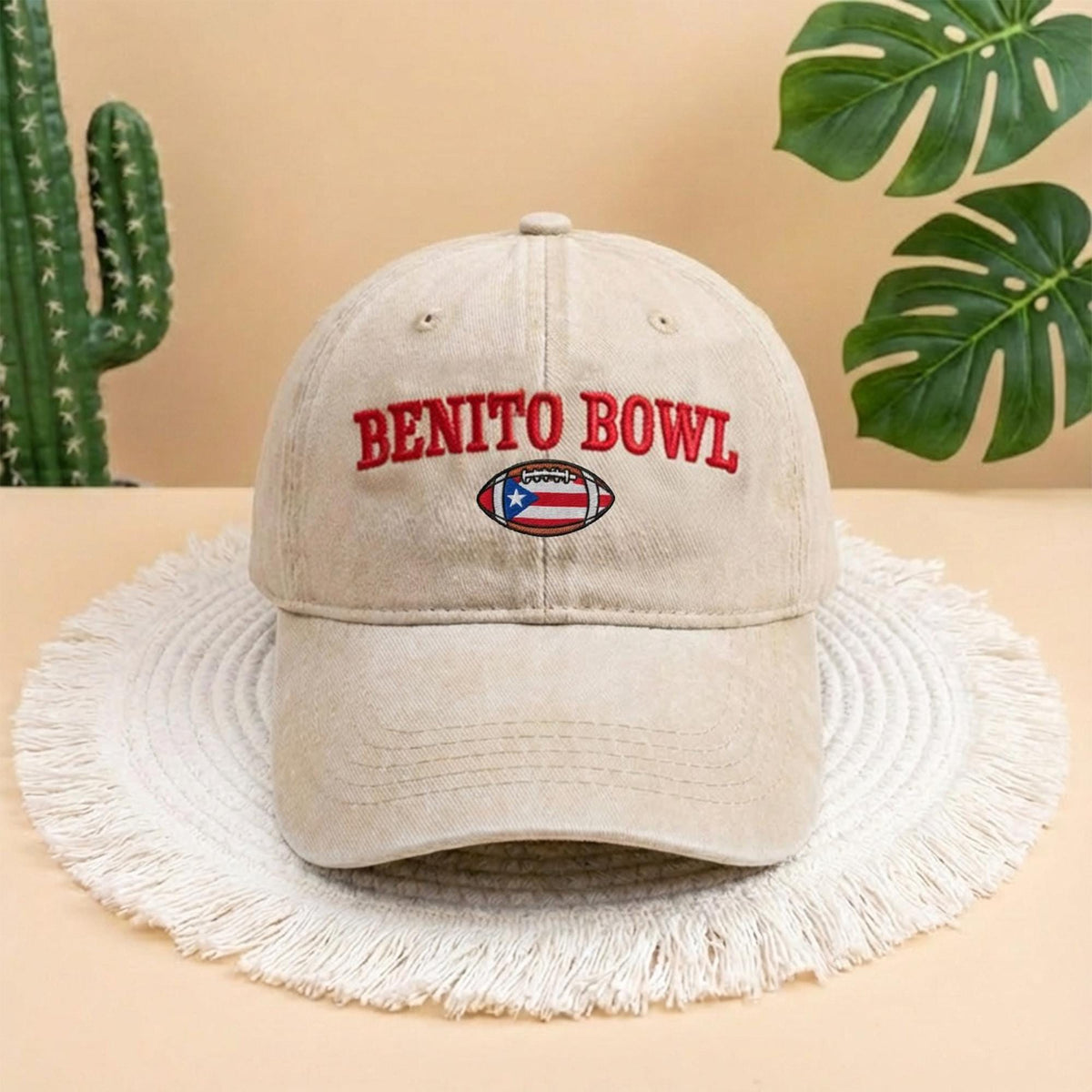 Benito Bowl Embroidered Baseball Cap, Vintage Beige Denim Sports Hat, Aesthetic Football Fan Gift