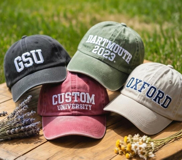 Personalized University Embroidered Hat, Custom College Name Varsity Baseball Cap, Graduation Gift