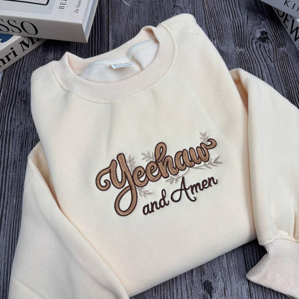 Yeehaw and Amen Western Christian Sweatshirt, Cowboy Southern Faith Embroidered Crewneck