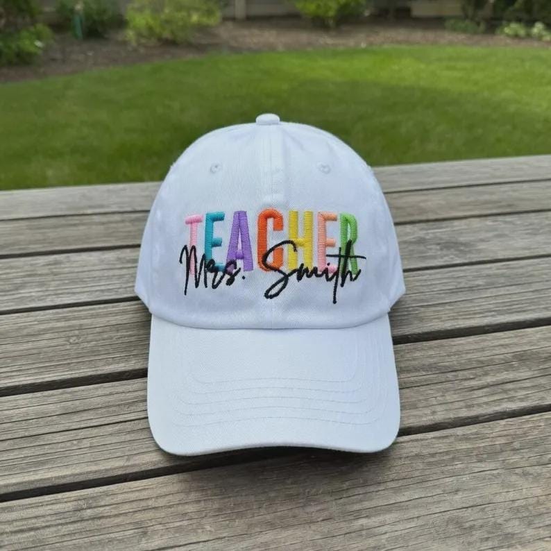 Personalized Rainbow Teacher Embroidered Hat, Custom Name Baseball Cap, Teacher Appreciation Gift