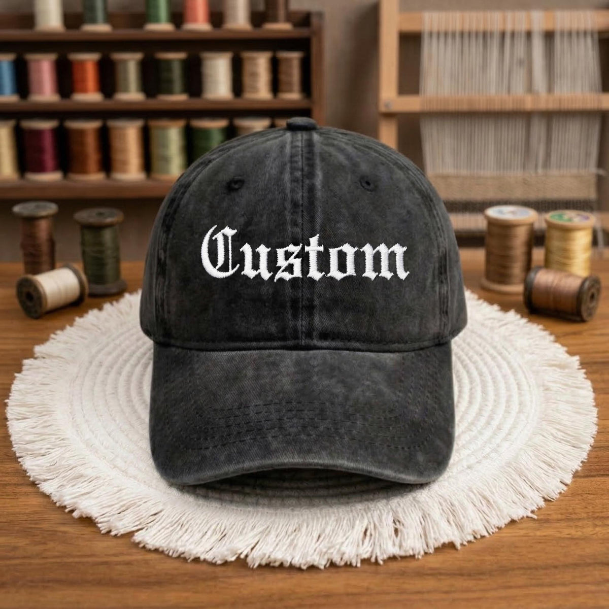 Custom Embroidered Washed Cotton Baseball Cap, Gothic Text Dad Hat