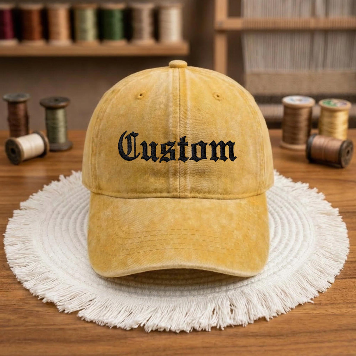 Custom Embroidered Washed Cotton Baseball Cap, Gothic Text Dad Hat