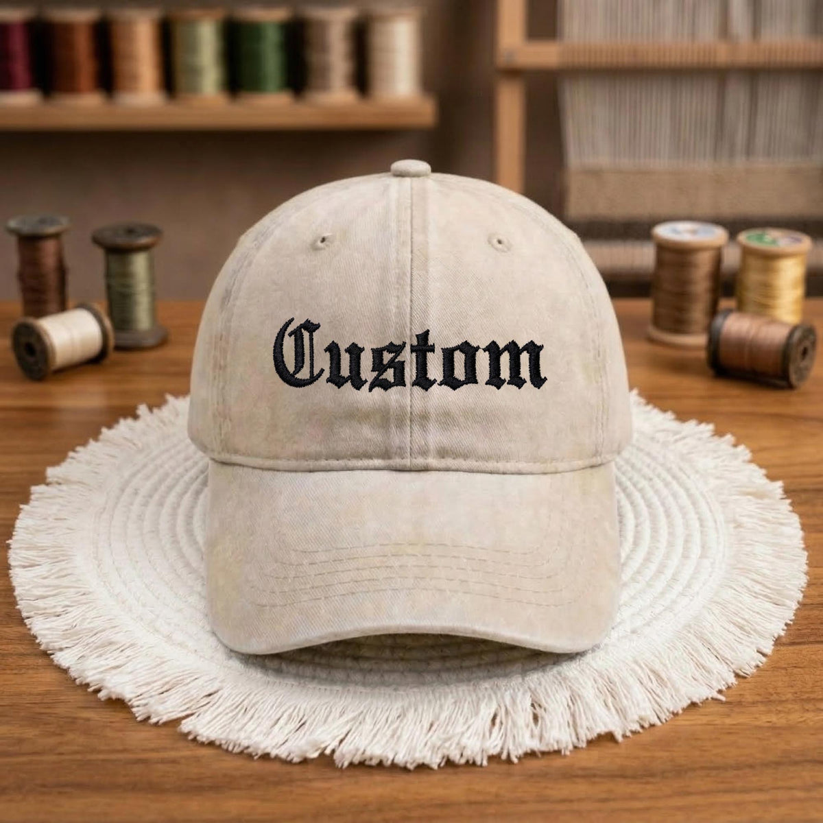 Custom Embroidered Washed Cotton Baseball Cap, Gothic Text Dad Hat