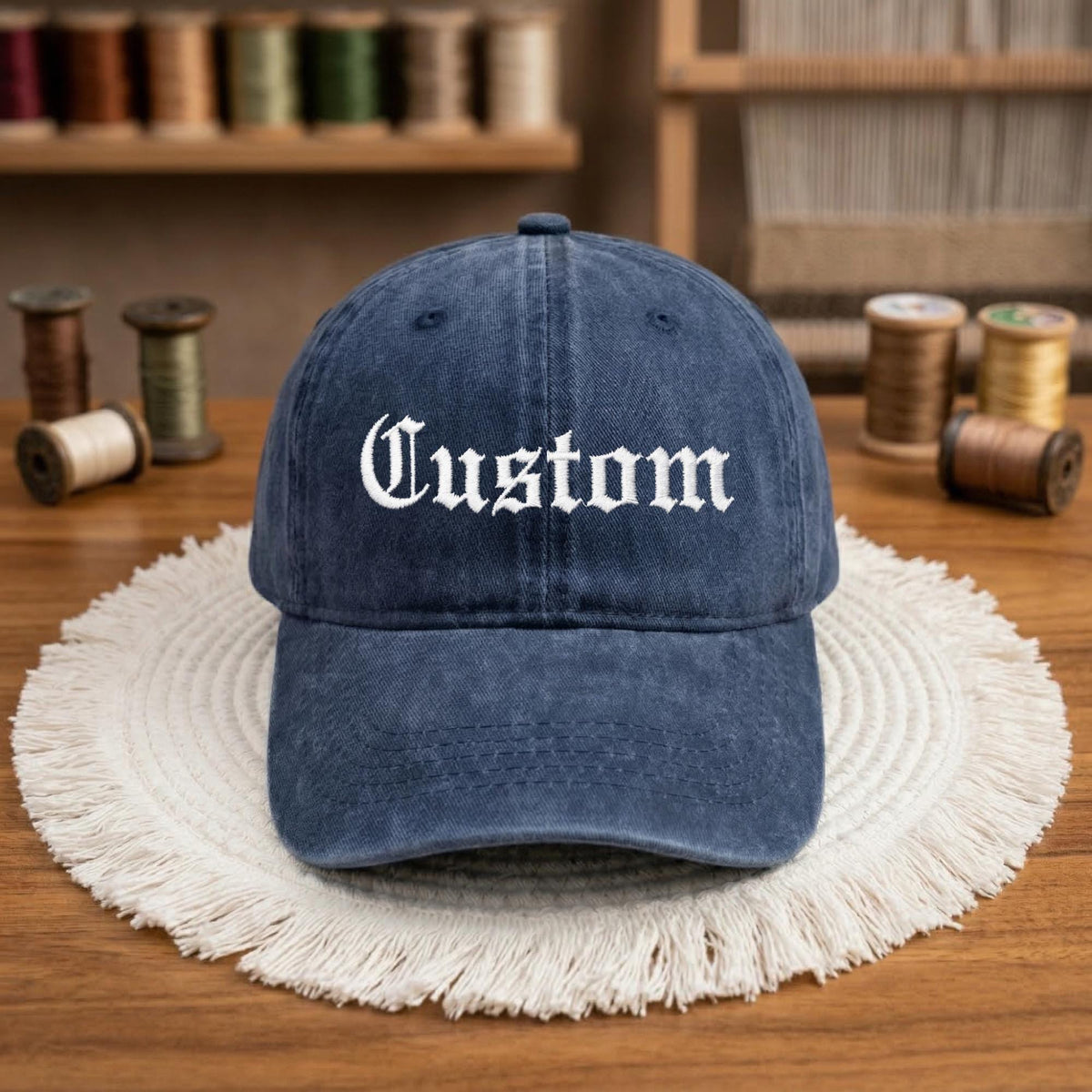 Custom Embroidered Washed Cotton Baseball Cap, Gothic Text Dad Hat