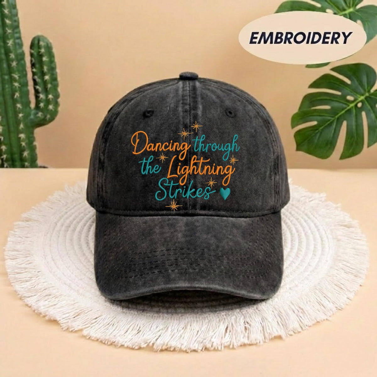 Dancing Through The Lightning Strikes Embroidered Hat, Inspirational Quote Cap, Positive Vibe Pullover Gift, Dancer Hat, Inspired Opalite