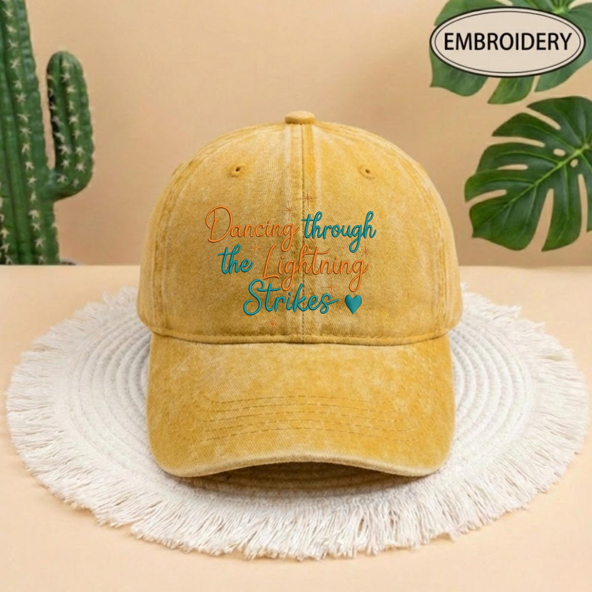 Dancing Through The Lightning Strikes Embroidered Hat, Inspirational Quote Cap, Positive Vibe Pullover Gift, Dancer Hat, Inspired Opalite