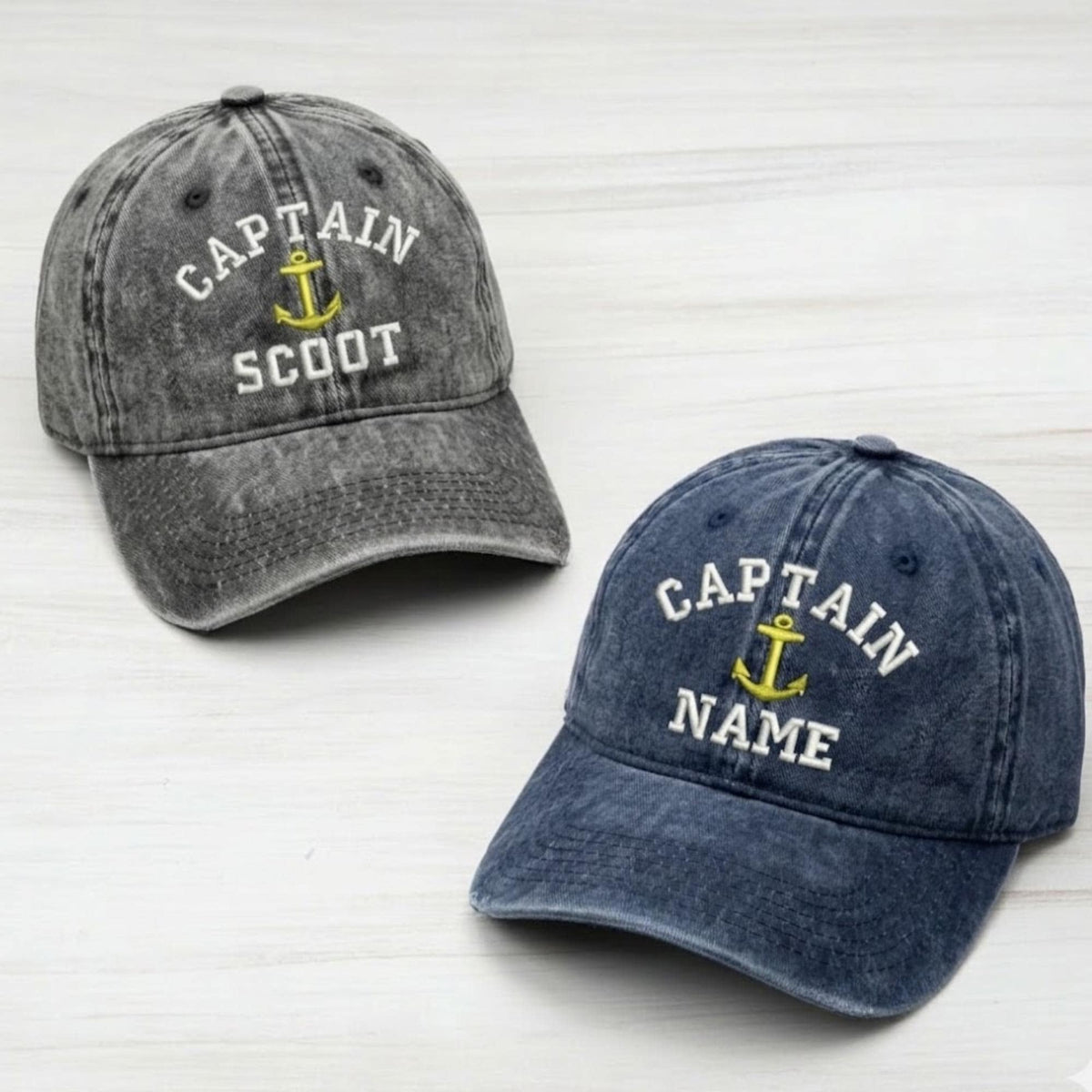 Custom Captain Baseball Cap, Embroidered Washed Denim Dad Hat, Personalized Nautical Gift for Boat Owner, Yacht Sailing Accessory