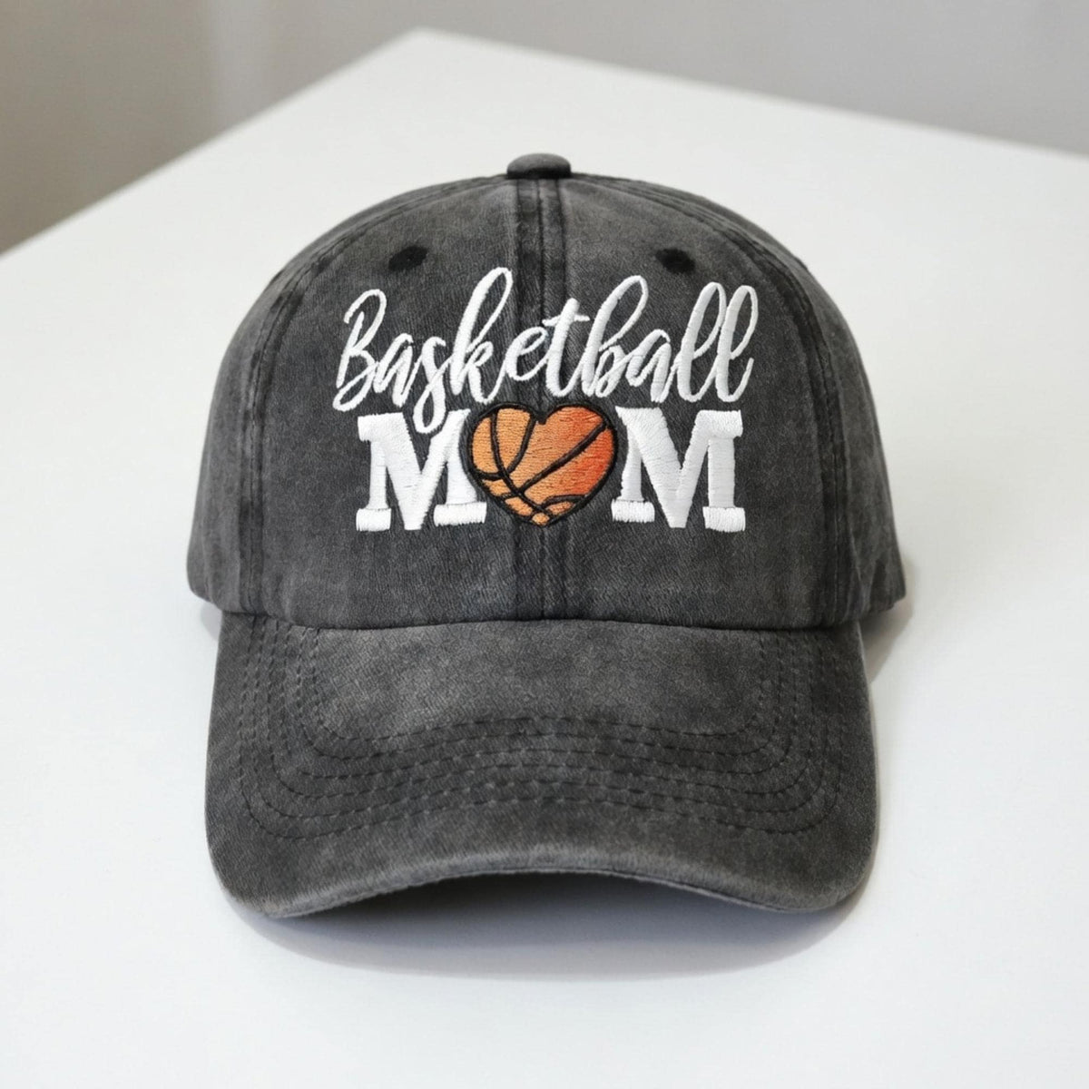 Basketball Mom Hat | Embroidered Heart Washed Denim Dad Cap | Vintage Game Day Apparel | Proud Sports Mother Gift