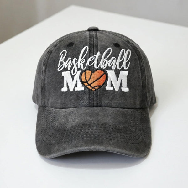 Basketball Mom Hat | Embroidered Heart Washed Denim Dad Cap | Vintage Game Day Apparel | Proud Sports Mother Gift