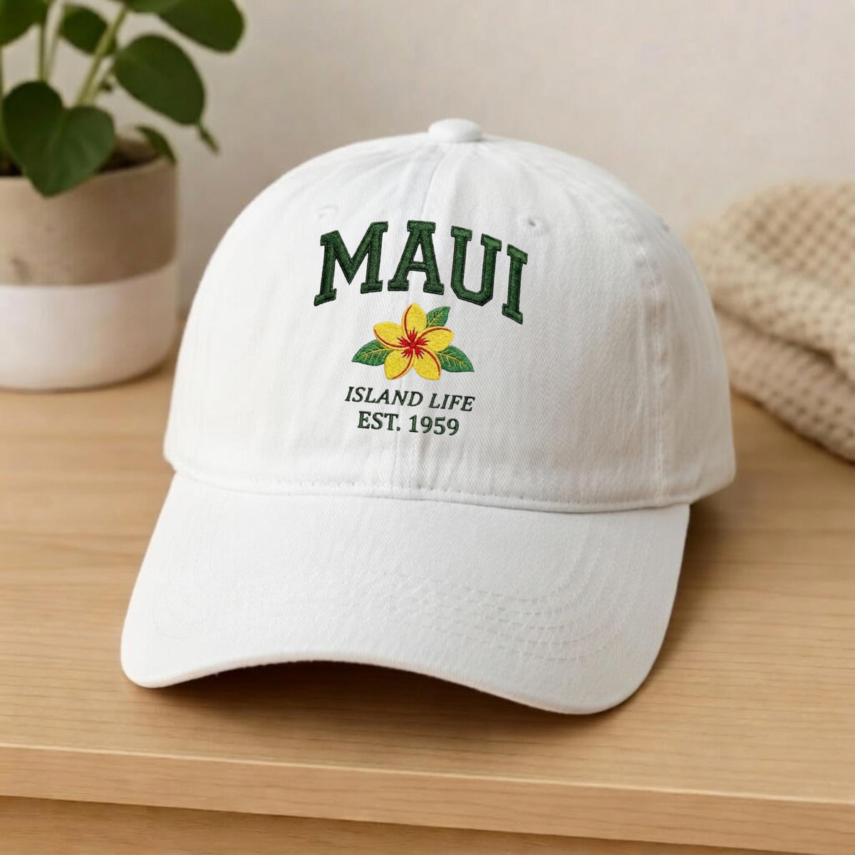 Maui Hawaii Embroidered Hat, Tropical Floral Cotton Baseball Cap, Island Vacation Gift