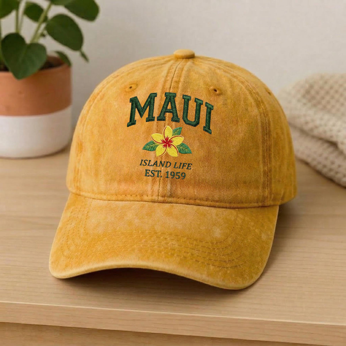 Maui Hawaii Embroidered Hat, Tropical Floral Cotton Baseball Cap, Island Vacation Gift
