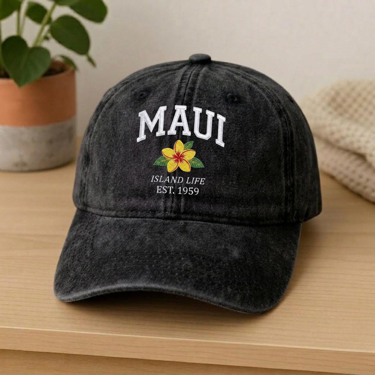 Maui Hawaii Embroidered Hat, Tropical Floral Cotton Baseball Cap, Island Vacation Gift
