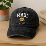 Maui Hawaii Embroidered Hat, Tropical Floral Cotton Baseball Cap, Island Vacation Gift